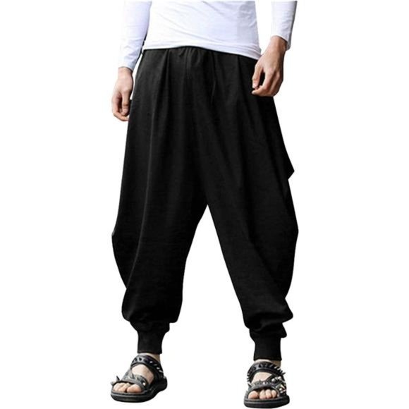 Men's Hippie Harem Pants Baggy Linen Boho Yoga Casual Drop Crotch Trouser - Picture 1 of 6